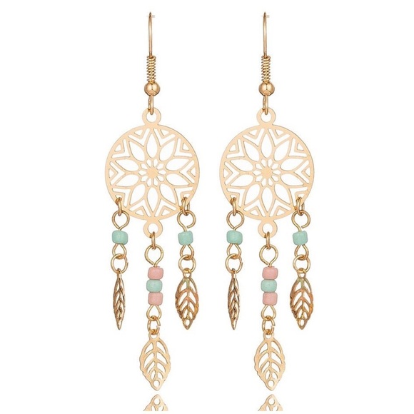 Boho Leaf Tassel Metal Indian Style Drop Earrings - Picture 2 of 2